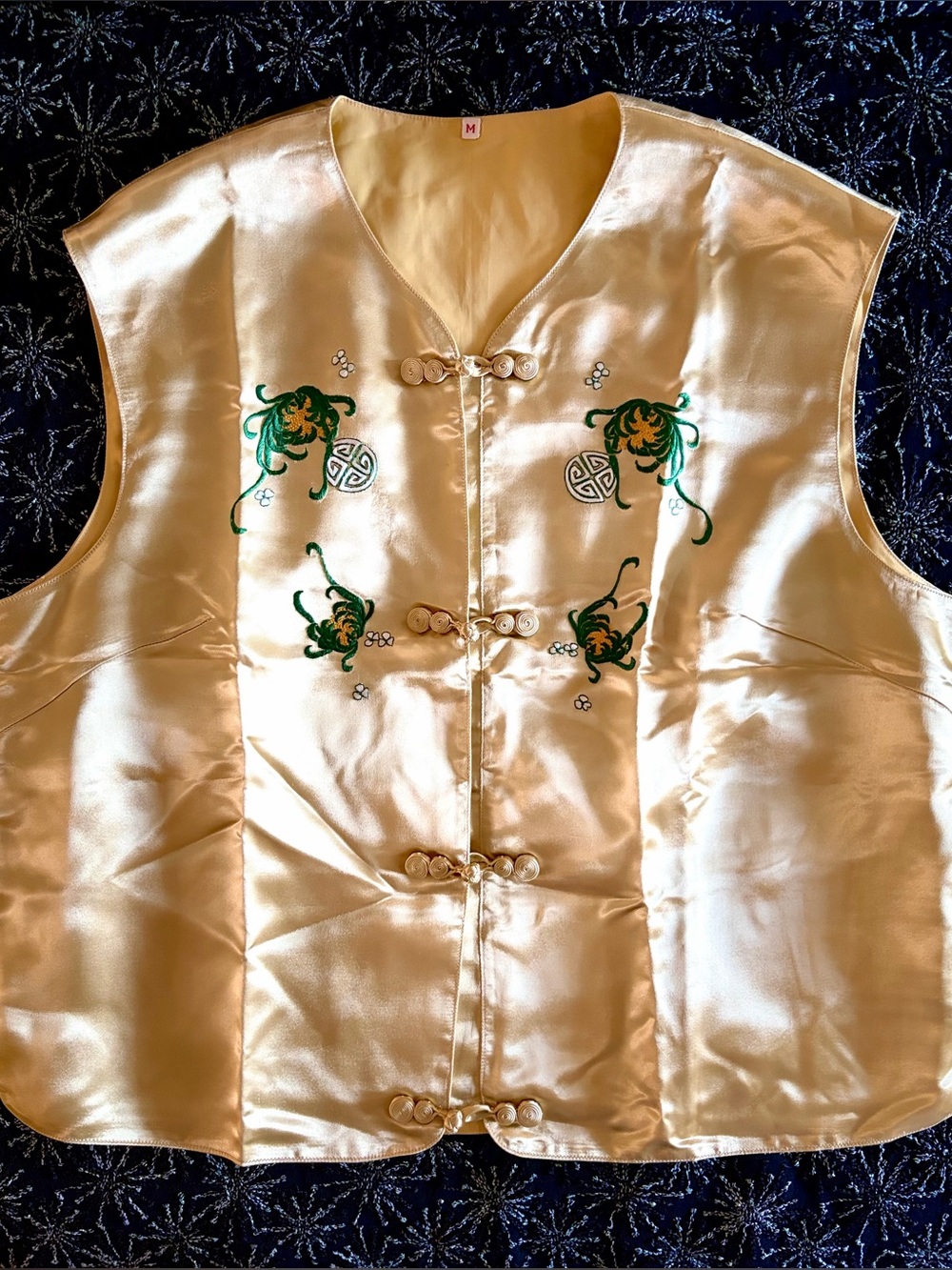 Gold Satin Embroidered Chinese-Style Vest with Green Floral Motif